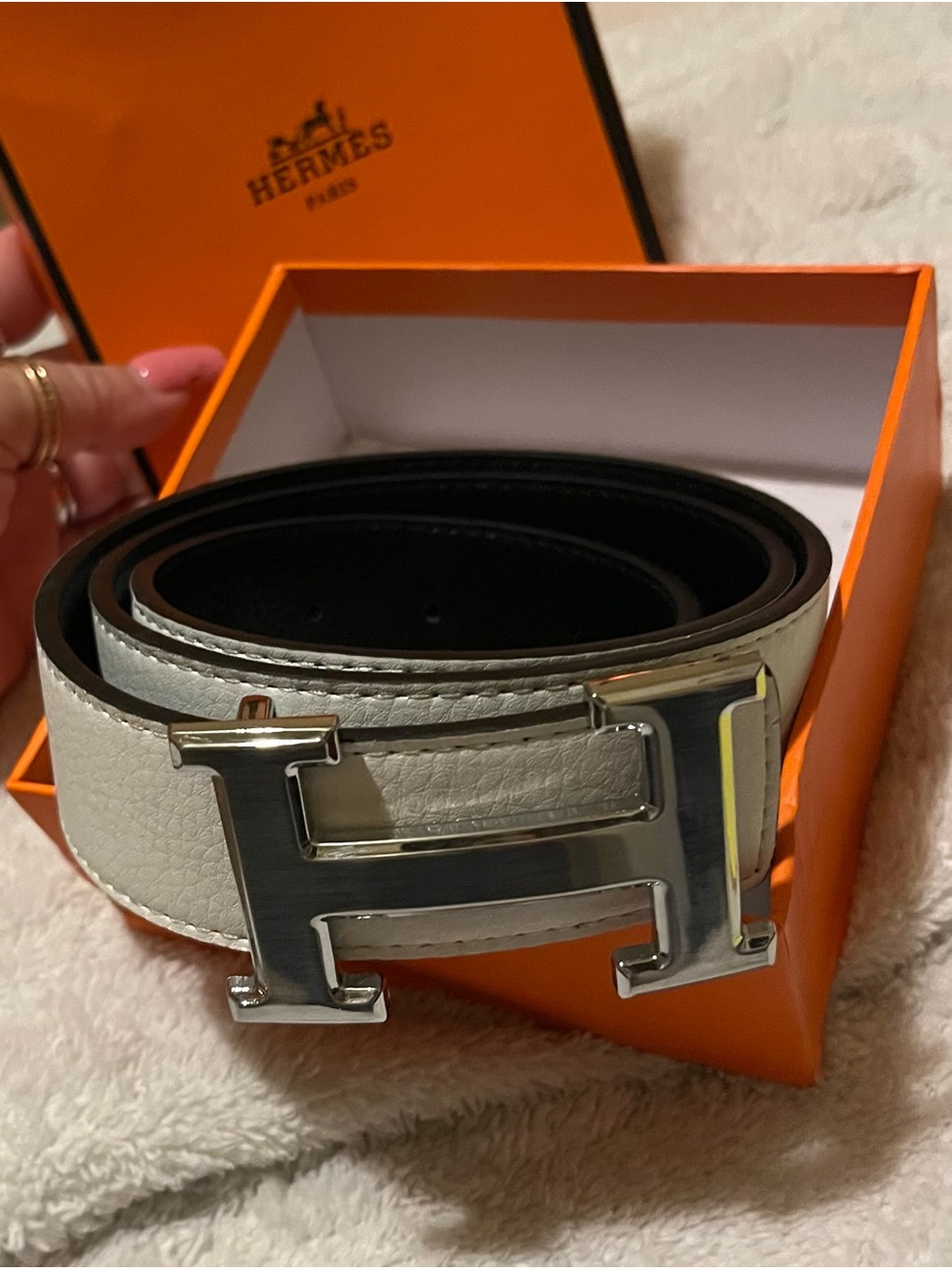 White Leather Belt with Silver H Buckle